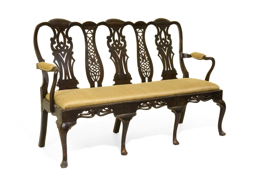 A GEORGE III STYLE CARVED MAHOGANY TRIPLEBACK SETTEE (1 of 2)