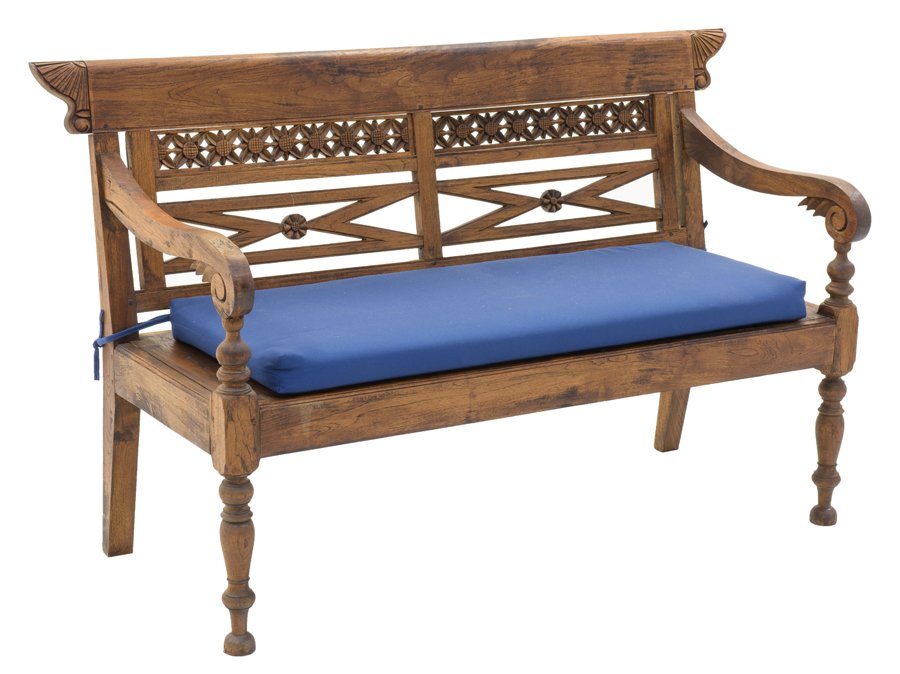 A CARVED WOOD BENCH IN THE CONTINENTAL ARTS AND CRAFTS: A CARVED WOOD BENCH IN THE CONTINENTAL ARTS AND CRAFTS STYLE Having a solid back rail over a pierced floral frieze and carved back, the sectional panel seat flanked by scroll form arms, having turned
