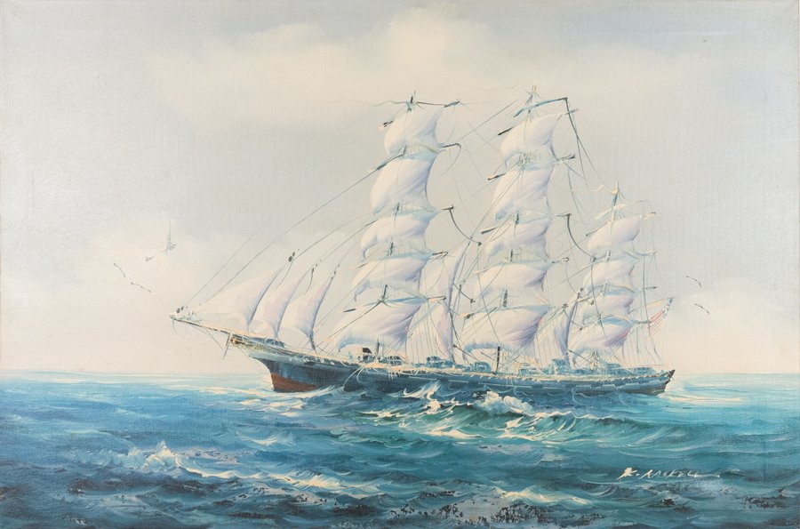 OIL PAINTING OF AN AMERICAN SAILING SHIP ON CANVAS (1 of 1)