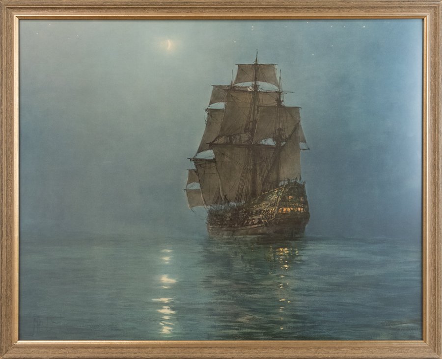 MONTAGUE DAWSON, (British, 1890-1973), Ship in the: MONTAGUE DAWSON (British, 1890-1973) Ship in the Night Lithograph Signed in plate on the lower left H 30 x W 24 inches (Framed: H 32¼ x W 26¼ inches)