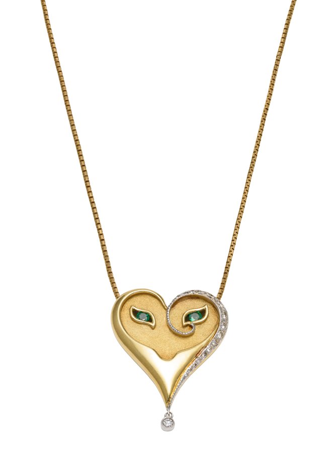 AN 18K YELLOW GOLD EMERALD AND DIAMOND HEART PENDANT BY (1 of 3)