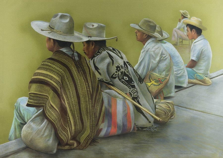 ANTONIO RAMOS BARBOSA, (Mexican, 1942-2005), Men: ANTONIO RAMOS BARBOSA (Mexican, 1942-2005) Men Sitting Pastel on paper Signed lower right H 26 x W 37 inches Provenance: Property from the Collection of Greg Miller, Houston, TX