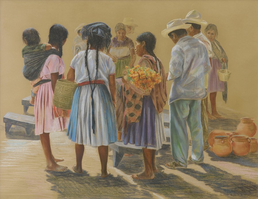 ANTONIO RAMOS BARBOSA, (Mexican, 1942-2005), People in: ANTONIO RAMOS BARBOSA (Mexican, 1942-2005) People in Village Pastel on paper Signed lower right H 26 x W 34 inches Provenance: Property from the Collection of Greg Miller, Houston, TX