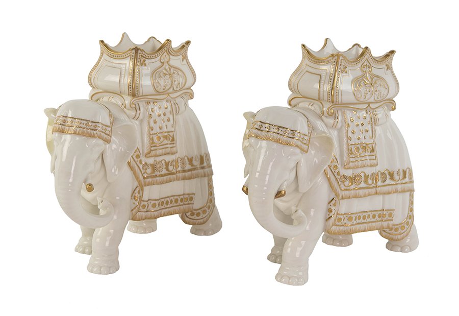 A PAIR OF ROYAL WORCESTER PORCELAIN ELEPHANT FORM VASES (1 of 2)
