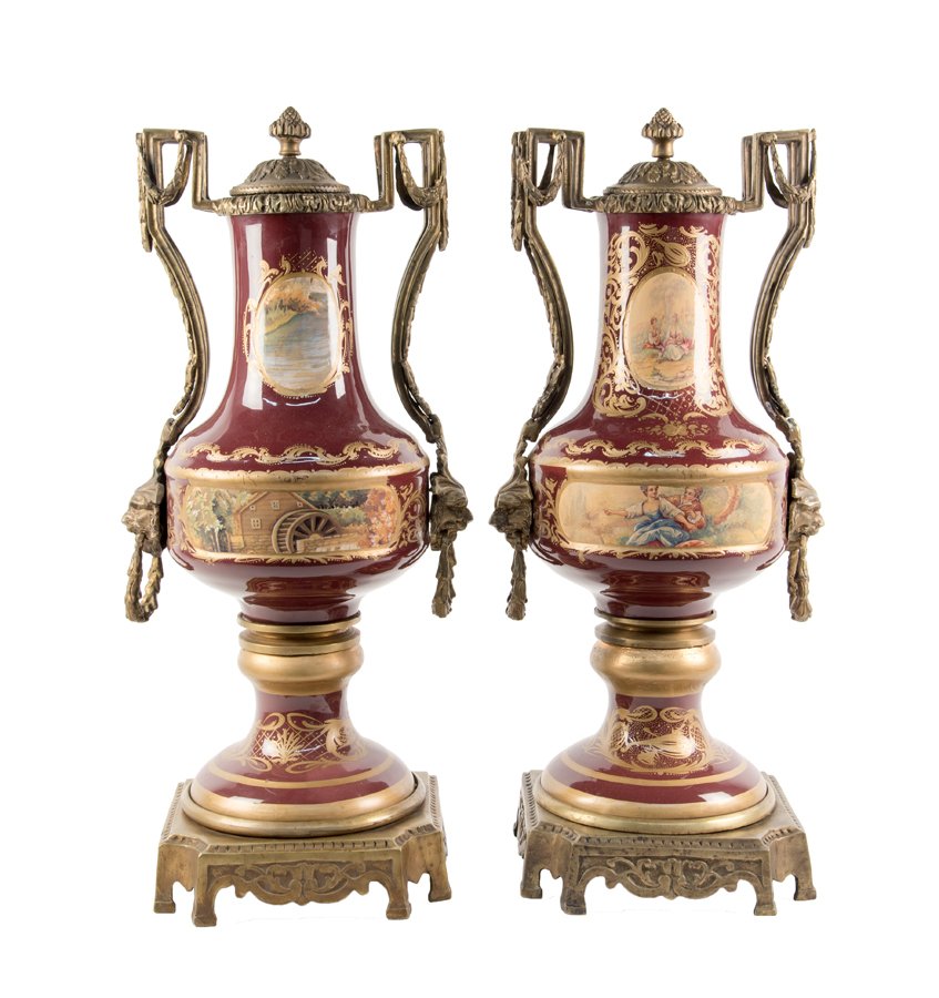 A PAIR OF CONTINENTAL STYLE ORMOLU MOUNTED PORCELAIN (1 of 2)