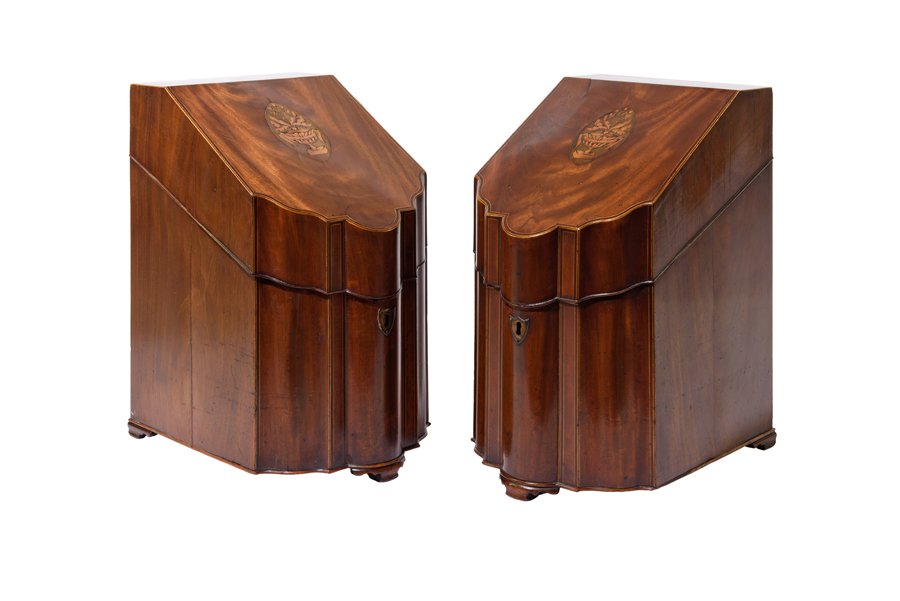 A PAIR OF GEORGE III MAHOGANY AND MARQUETRY INLAID (1 of 3)