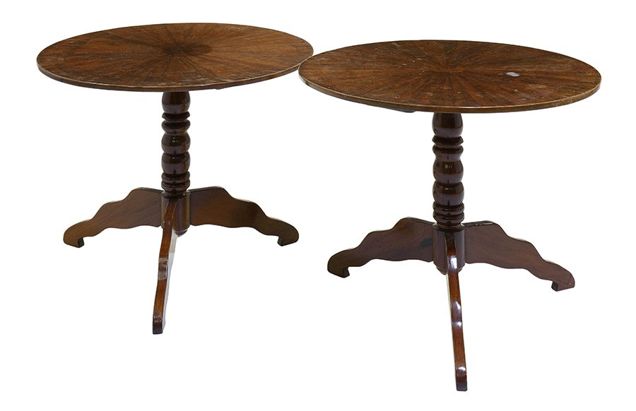 TWO GEORGIAN STYLE TEA TABLES WITH LATER BASES: TWO GEORGIAN STYLE TEA TABLES WITH LATER BASES 20th Century Each tea table having a circular top, raised on a later lobed standard and tripartite base. H 24¾ x diam 31½ inches