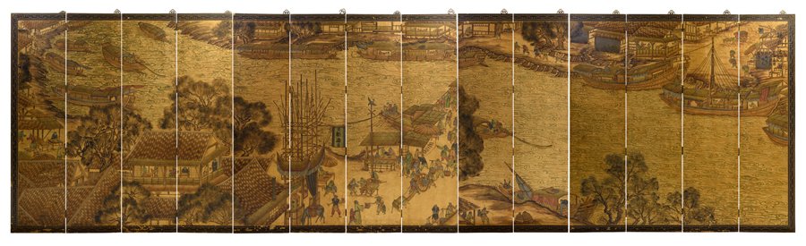 A CHINESE FOURTEEN-PANEL SCREEN: A CHINESE FOURTEEN-PANEL SCREEN Decorated to depict a panoramic riverside scene, in two sections, showing multiple figures on terraces, in boats or trading at market, all on a guilt ground, with Chine