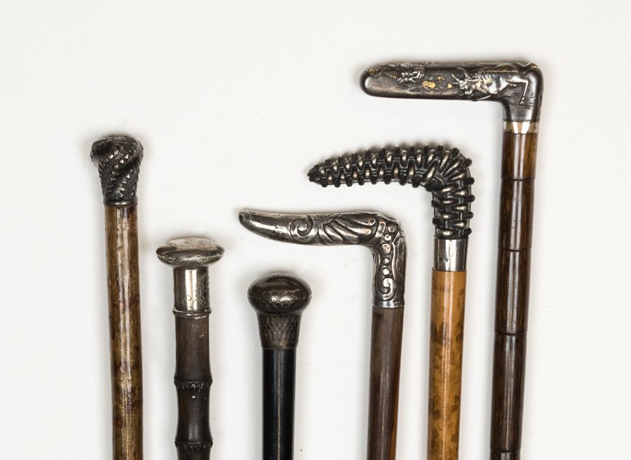 SIX SILVER AND SILVERED METAL MOUNTED CANES AND WALKING (1 of 1)