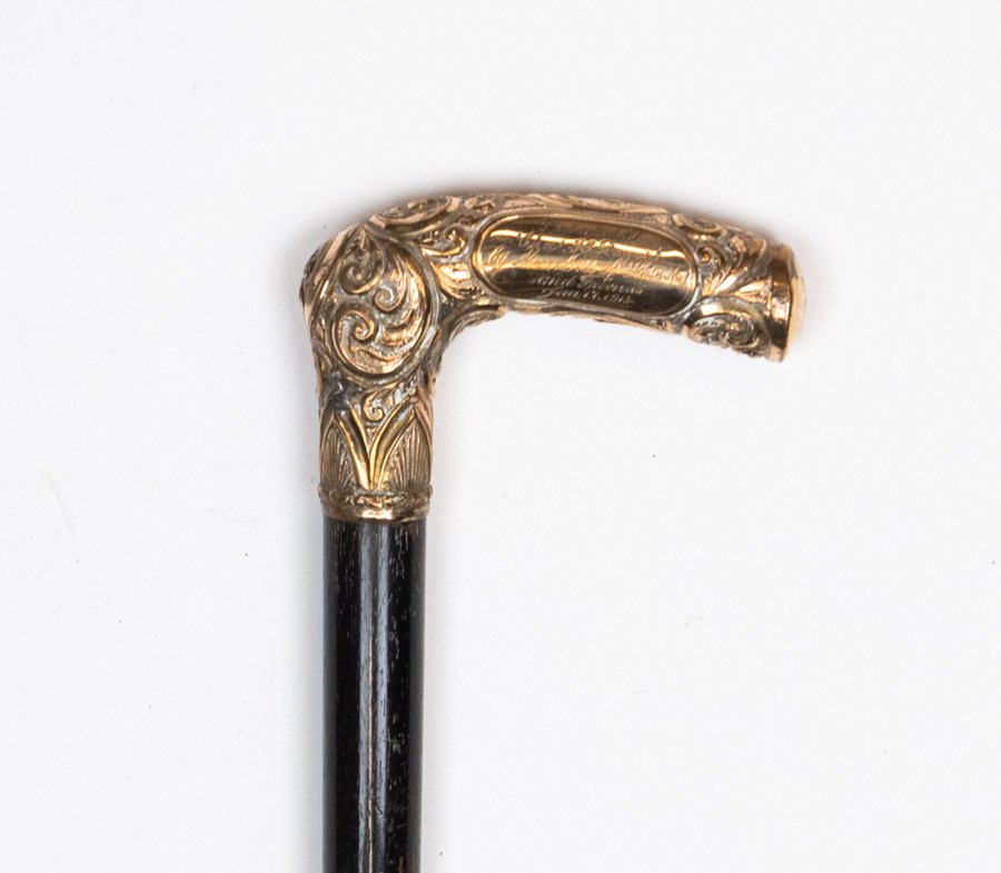 A 9 KARAT GOLD MOUNTED PRESENTATION FIREMAN'S CANE (1 of 1)