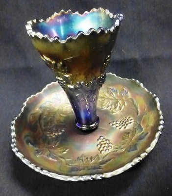 Carnival Glass Epergne: Unusual Carnival Glass Epergne. Approx 5 1/2" tall. Iridescent finish.