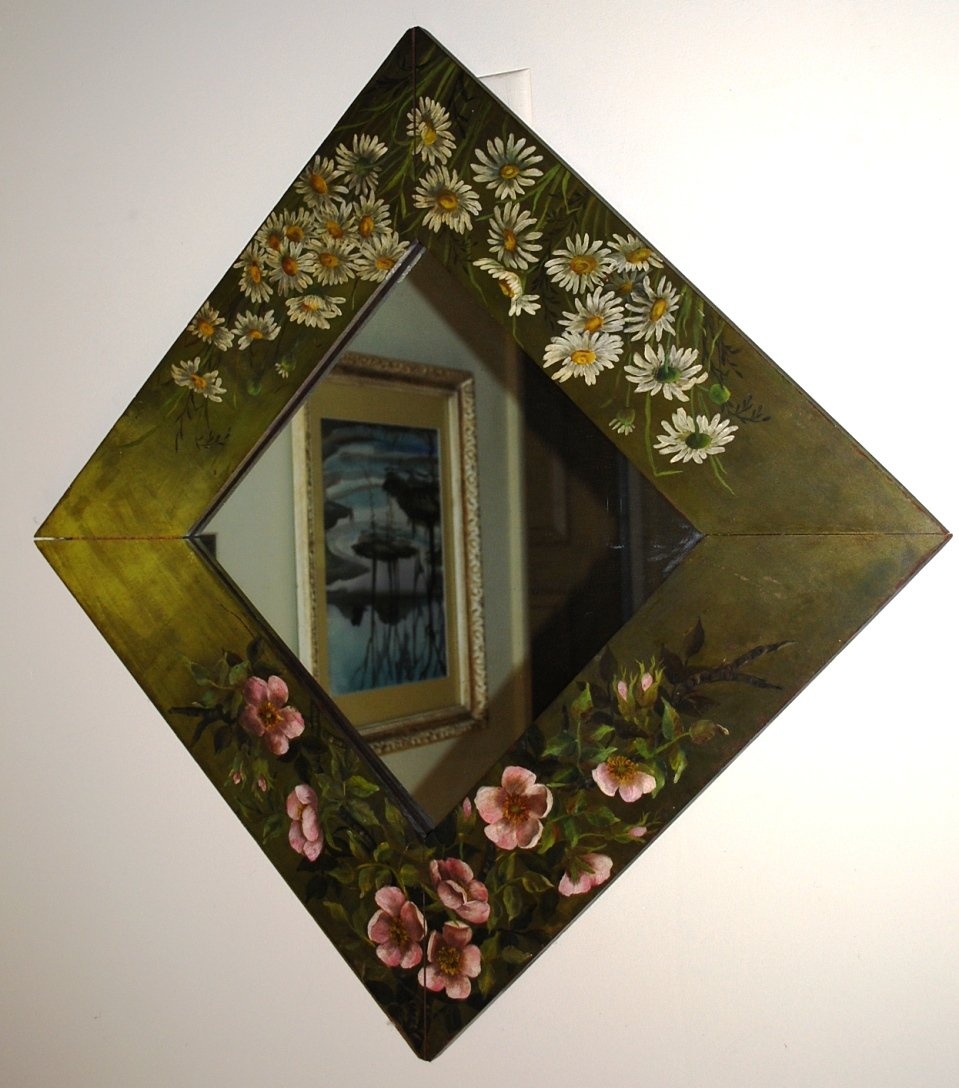 1880's Wood Framed Mirror: Hand painted by artist. 24"x24"