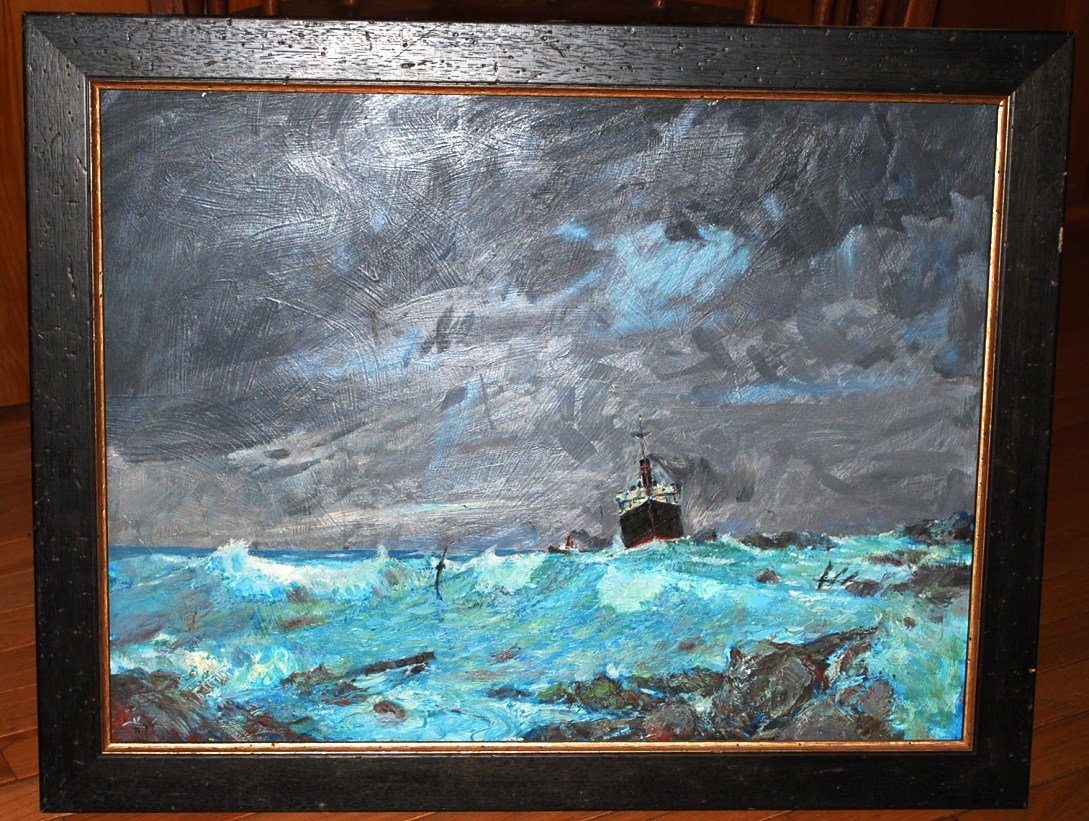 1940's Oil Painting on Board: 24" x 18" Ship in Storm