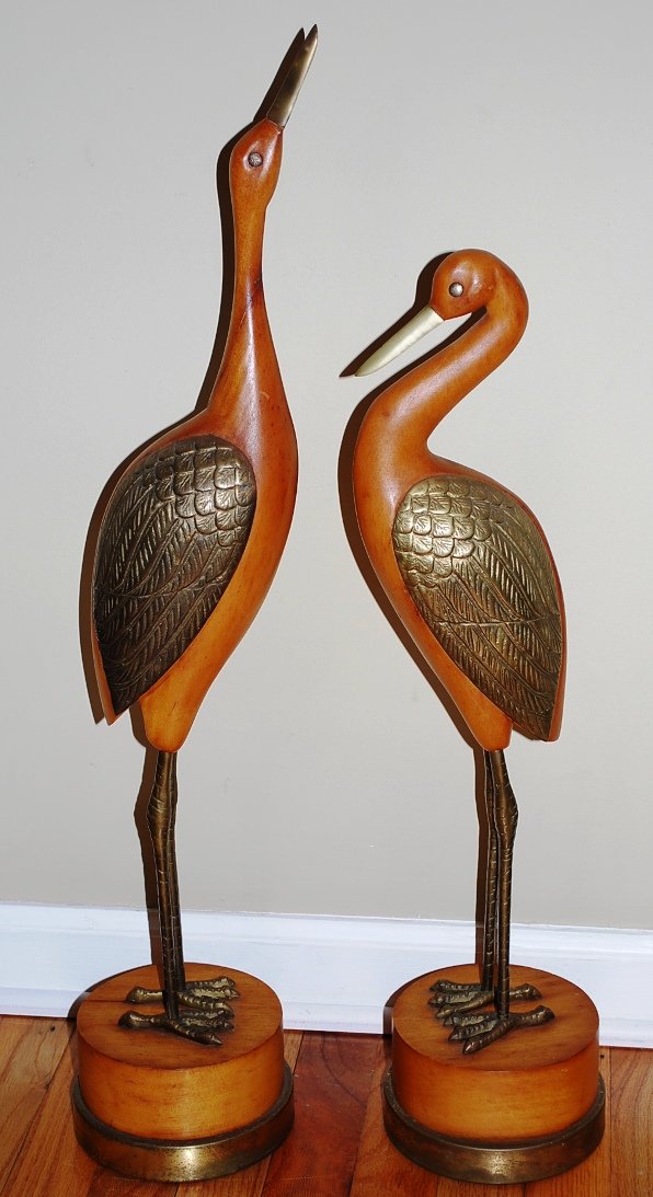 Pair Carved Wood & Brass Birds Signed: 1950's. 29" & 24 1/2".Signed Frederick Cooper