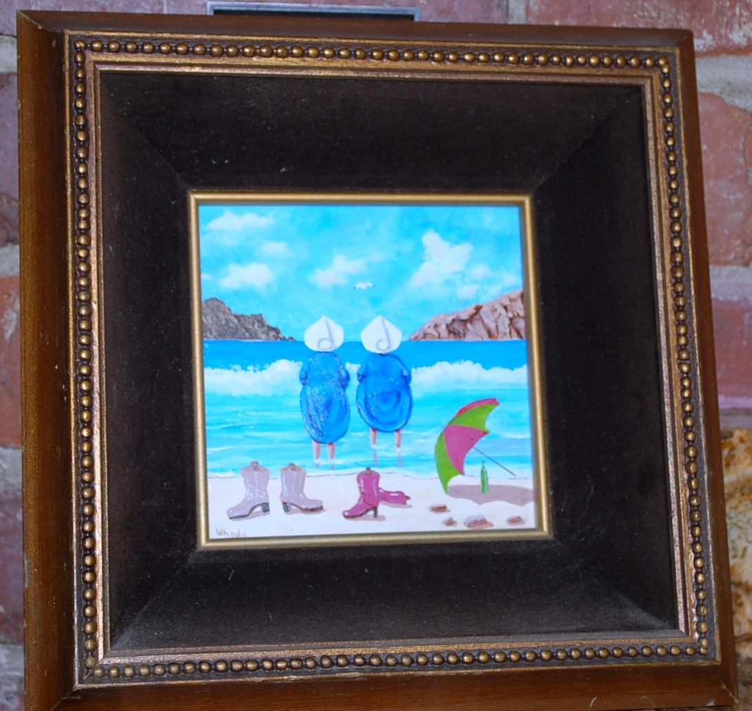 Frank Whipple Painting, American: Nuns at Beach w/Cowboy Boots 5"x5"