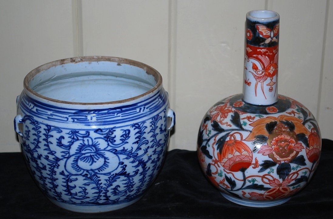 2 pcs Antique Oriental Porcelain: 1 Canton Bowl 6 1/2"x7", 1 Imari Vase 10" h