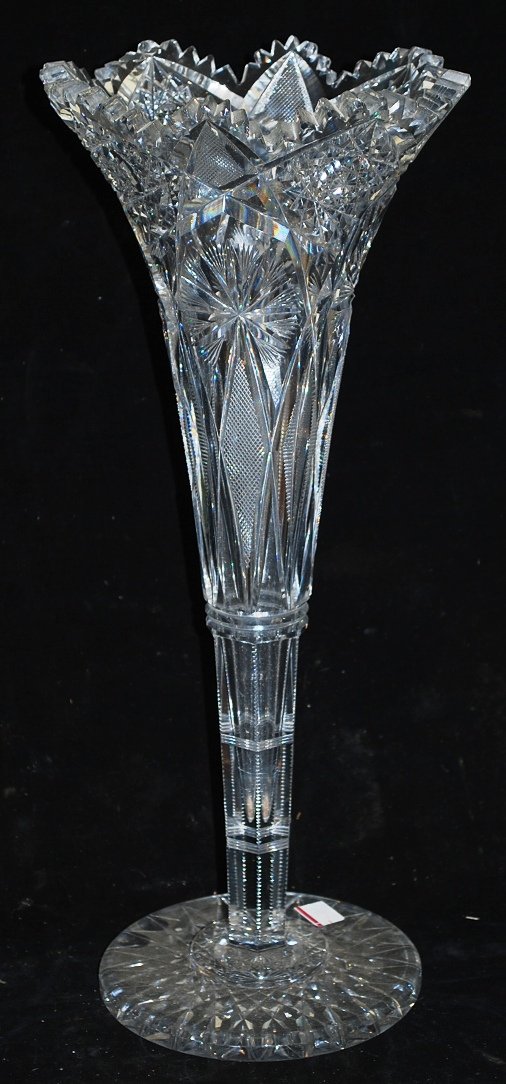 Cut Glass Crystal Vase: 18" tall, Chips on rim