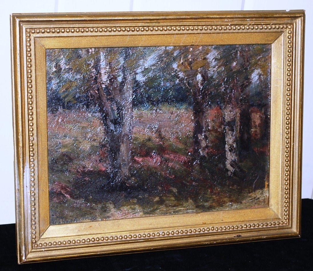 Painting, Autumn Scene, Signed: Signed Eleanor Douglas, in school house studios, Hamburg St., East Aurora, bought Aug 1945, Roy crofters 11" x 8"