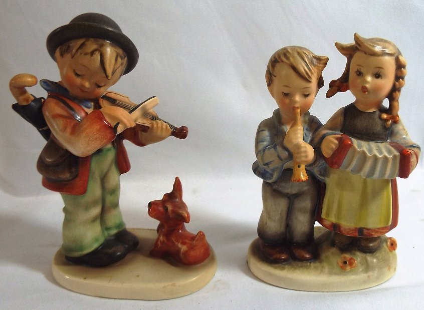 2 Hummel Figurines: 1952 Boy with fiddle and dog "C by W Goebel Germany"Boy & Girl with musical instruments Germany