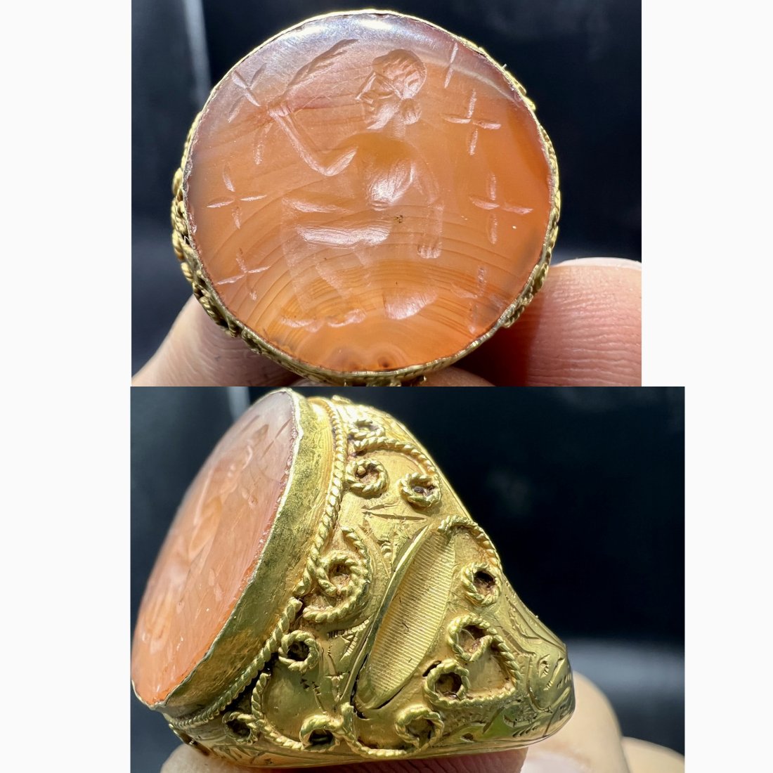 ancient Roman agate stone intaglio Rare solid 22k karat Gold Ring (1 of 3)