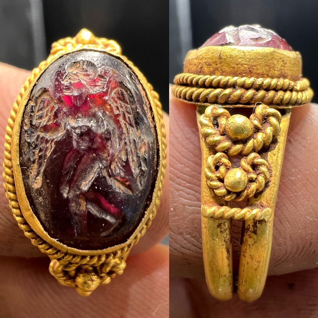 Roman old ancient garnet seal intaglio stone 22k karat Gold Ring (1 of 3)