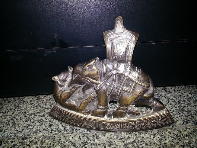 Islamic Style Silver inlaid Bronze Elephant @26: Wonderful Islamic Silver Inlaid Bronze Decoration Piece , With islamic writing and figure with silver inlaid , The Size is 5 " inches , The weight is 1 kg .
