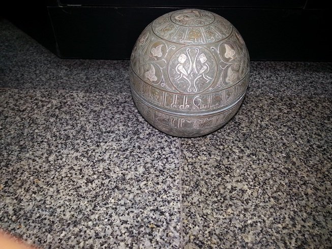 Islamic Style Silver inlaid Bronze Calligraphic Orb @29: Excellent Islamic Style Bronze Openwork Calligraphic Orb , The ORB has wonderful Islamic Calligraphy and Figural Scenes , the Size is 4.5 x 5 " inches