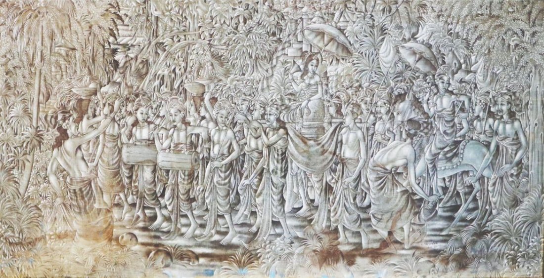 K. Sariastra: Ubud, Bali signed (lower right) mixed media 34” x 68” (86 cm x 173 cm)