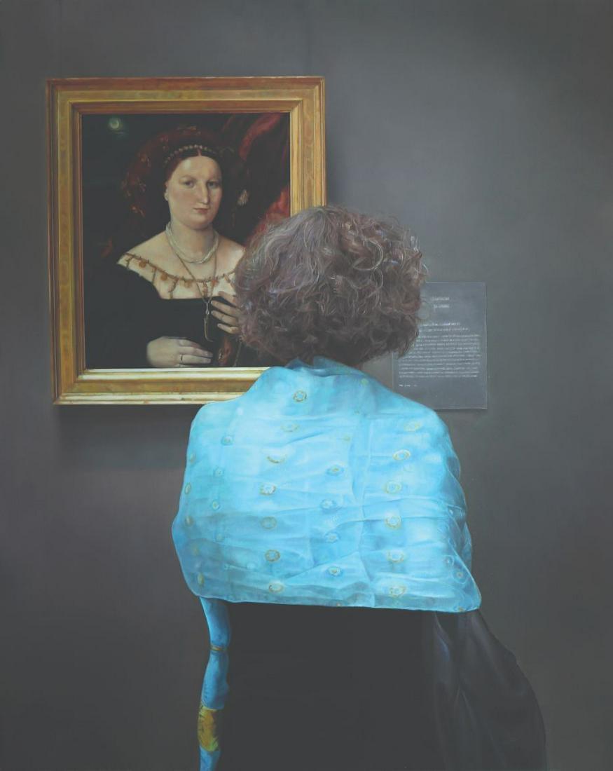 Annie Cabigting (b. 1971): Title: Mesdames (Portrait of Lucina Brembati by Lorenzo Lotto 1480-1556) Signed & Dated: signed and dated 2012 (verso) Medium: oil on canvas Measurements: 54” x 43” (137 cm x 109 cm) Provenance: C