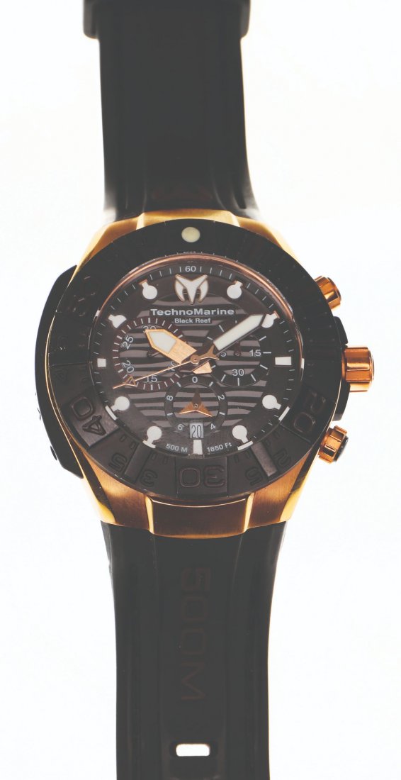 Technomarine® Black Reef Swiss Made: 18k rose gold on the original Patek Philippe black alligator strap, tang buckle, and tag Manual w/ subseconds. 33 x 33 mm case with a round caseback and white Roman numeral dial Ref 3919R / Circa 2001