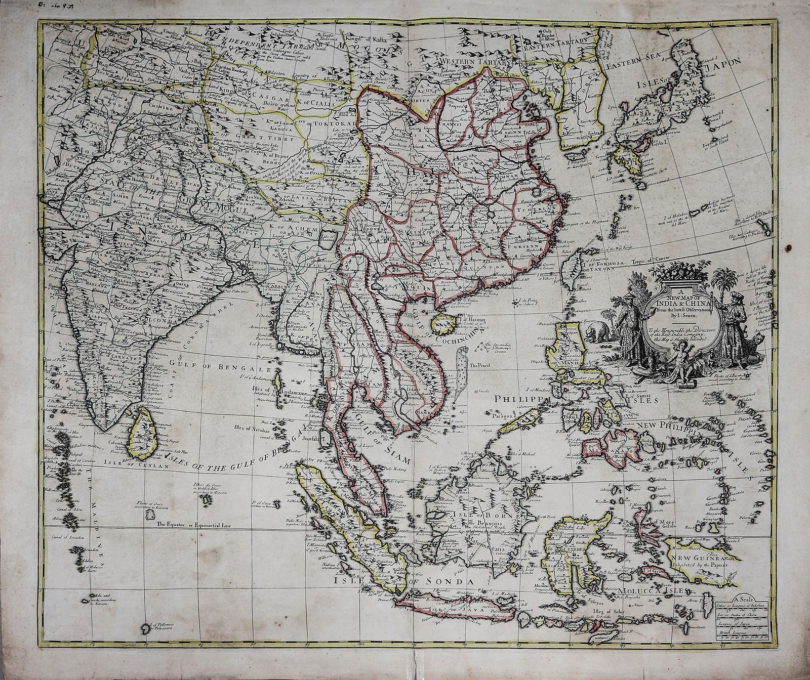 John Senex (1678 - 1740): A New Map of India and China from the latest Observations 1721 hand-colored copperplate engraving 21” x 25” (53 cm x 64 cm)