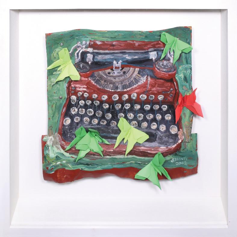 Jonathan Ching (b. 1969) - Typewriter 2017: Jonathan Ching (b. 1969) Typewriter 2017 signed and dated 2012 (lower right) oil and origami on a folded brass sheet 21 1/2” x 21 1/2” (55 cm x 55 cm)