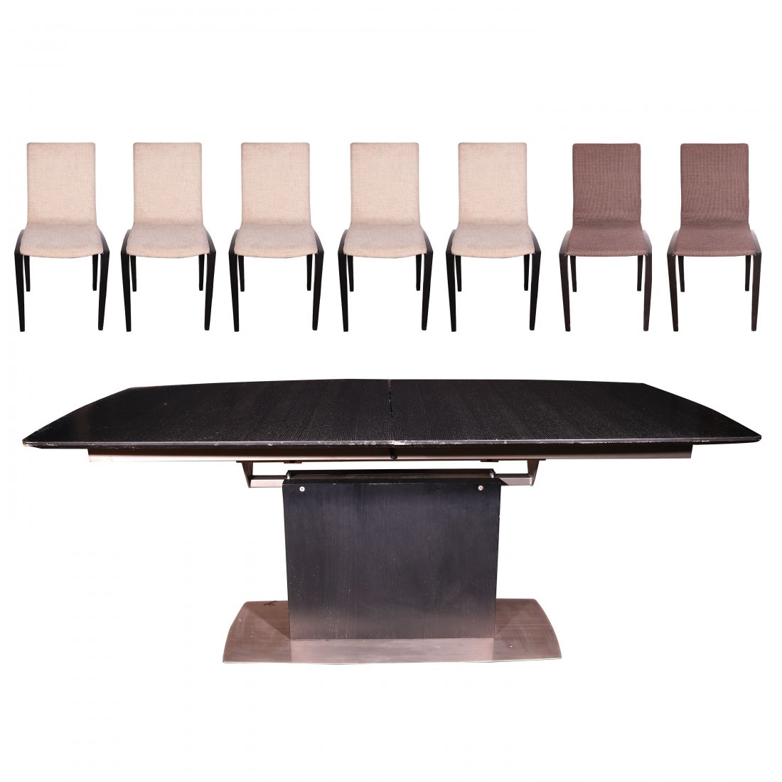 A Bo-Concept Dining Set: A Bo-Concept Dining SetTable: 28 1/2”x 73” x 39 1/2” (72 cm x 185 cm x 100 cm)Dining chairs: 35” x 18” x 22” (89 cm x 56 cm x 56 cm) each (6 biege / 2 brown)