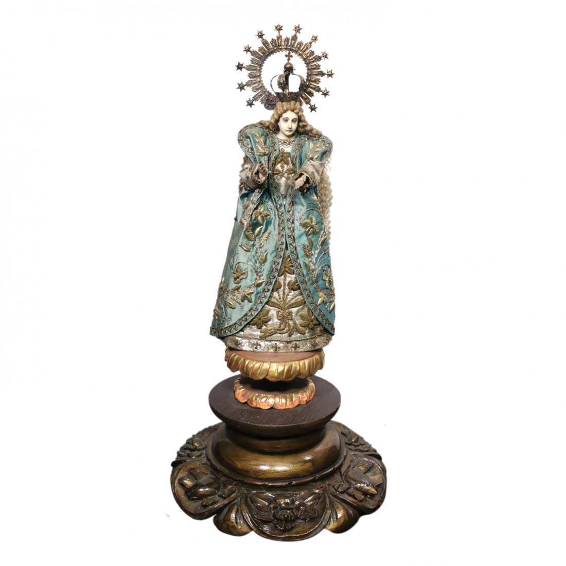 A 19th Century De Vestir Immaculada with Ivory Head and: A 19th Century De Vestir Immaculada with Ivory Head and hands with Virina Saint: 12 1/2” x 6 1/2” x 2 1/2” (32 cm x 17 cm x 6 cm) Base: H: 9” (23 cm) D: 12” (30 cm) Virin