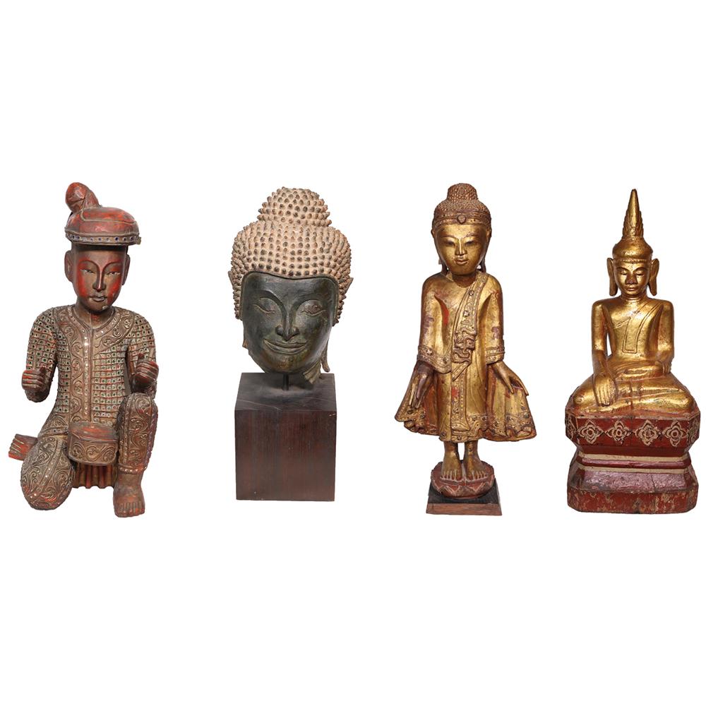 Four Asian Statuettes: Four Asian Statuettes a) 17 1/2” x 8 1/2” x 8” (44 cm x 22 cm x 20 cm) b) 16” x 5 1/2” x 5 1/2” (41 cm x 14 cm x 14 cm) c) 27” x 12 1/2” x 5 1/2”