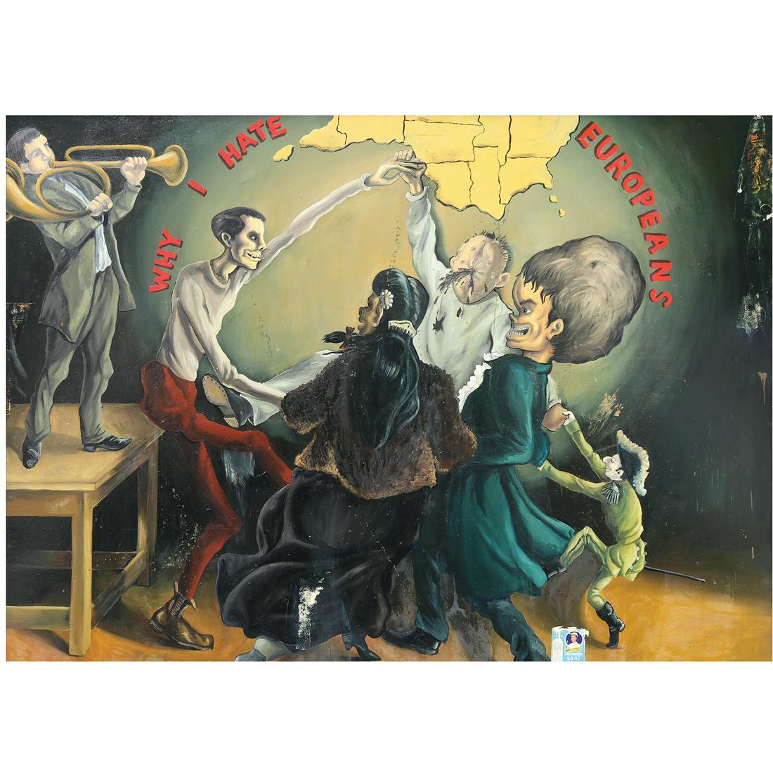 Manuel Ocampo (b. 1965) - Why I Hate Europeans: Manuel Ocampo (b. 1965) Why I Hate Europeans signed (verso) 1992 oil and paper on canvas 72” x 76 1/2” (183 cm x 194 cm) Provenance: Acquired directly from the Tom Patchett collect