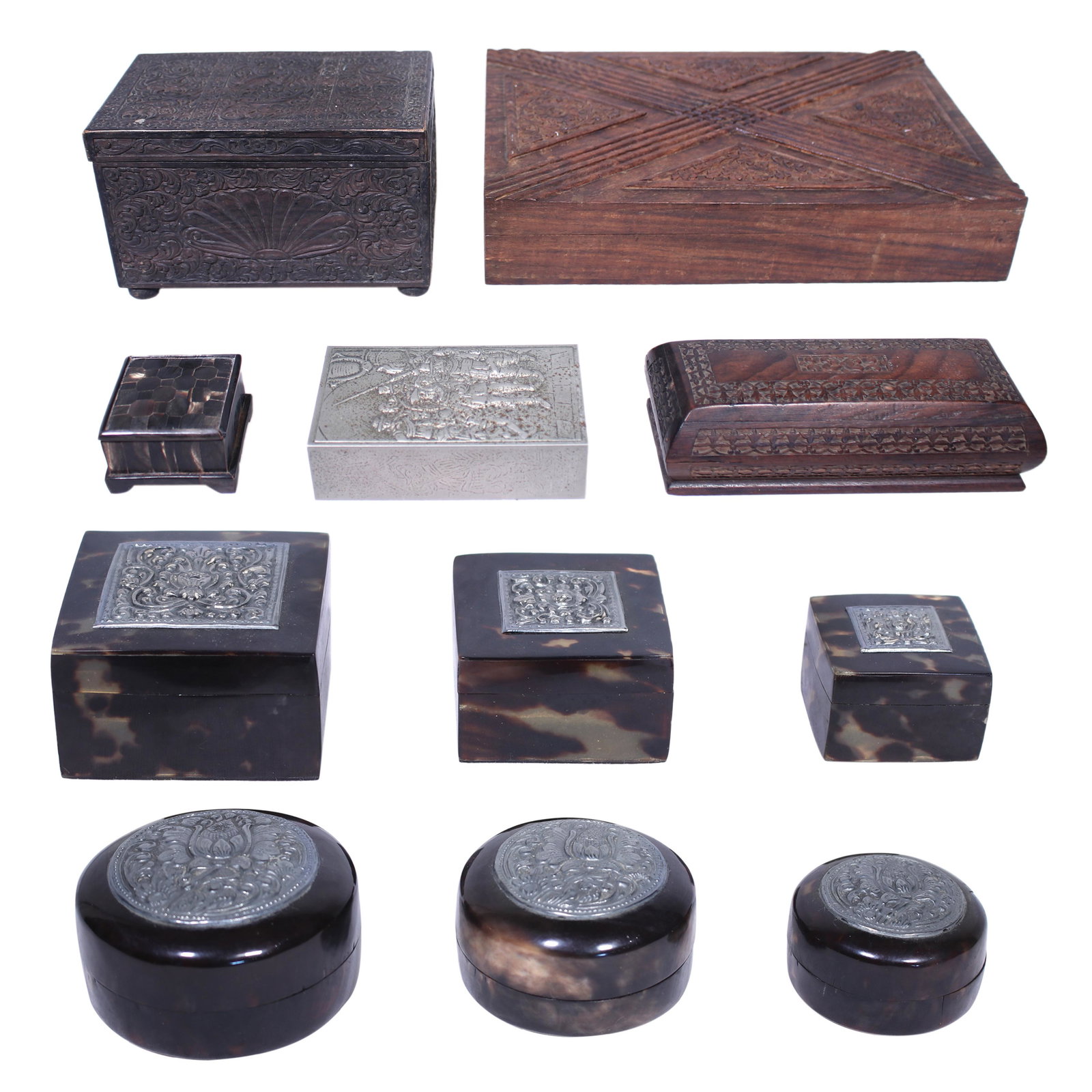 A Set of Five Decorative Boxes and Six Miniature Silver: A Set of Five Decorative Boxes and Six Miniature Silver Outlaid TortoiseShell Boxessize variable