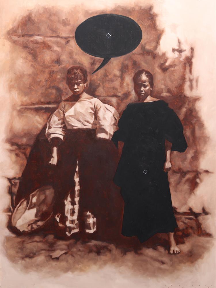 Keb Cerda (b. 1991): Keb Cerda (b. 1991)Untitledsigned and dated 2015 (lower right)oil on canvas48” x 36” (122 cm x 91 cm) Contemporary artist Keb Cerda has been known to synthesize meaning by combining pop-cu