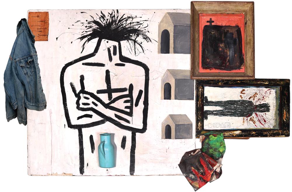 Manuel Ocampo (b. 1965): Manuel Ocampo (b. 1965)Self-Portrait (You better watch out what you are saying inthis society People are quick to crucify you)ca 1985oil on canvas, plastic, denim, paper on wood and latex paint50 1/4&