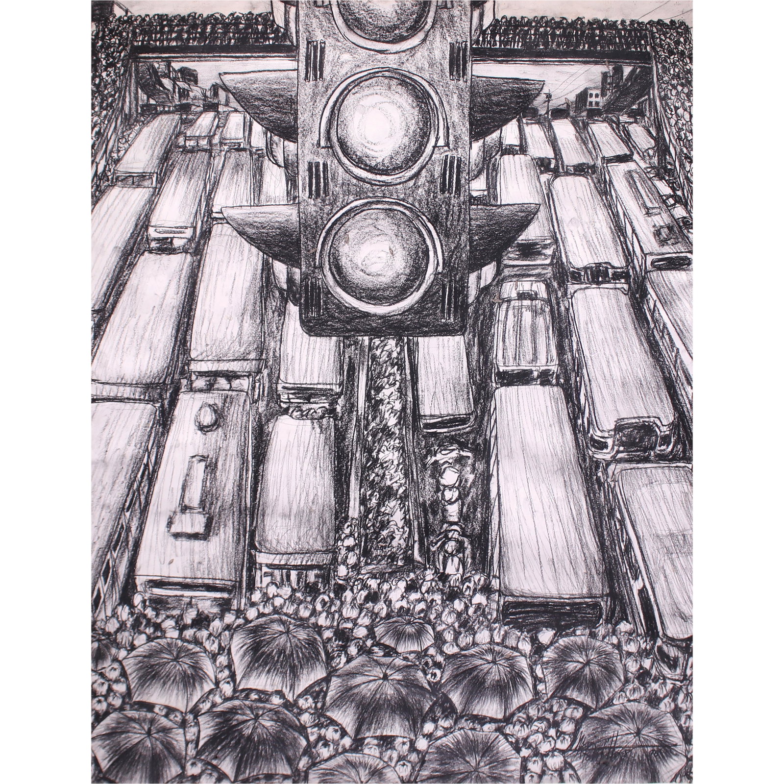 Marcial Pontillas (b. 1973): Marcial Pontillas(b. 1973) Traffic in Black and White signed and dated 2006 (lower right) pastel on paper 28” x 21 1/2” (71 cm x 55 cm)