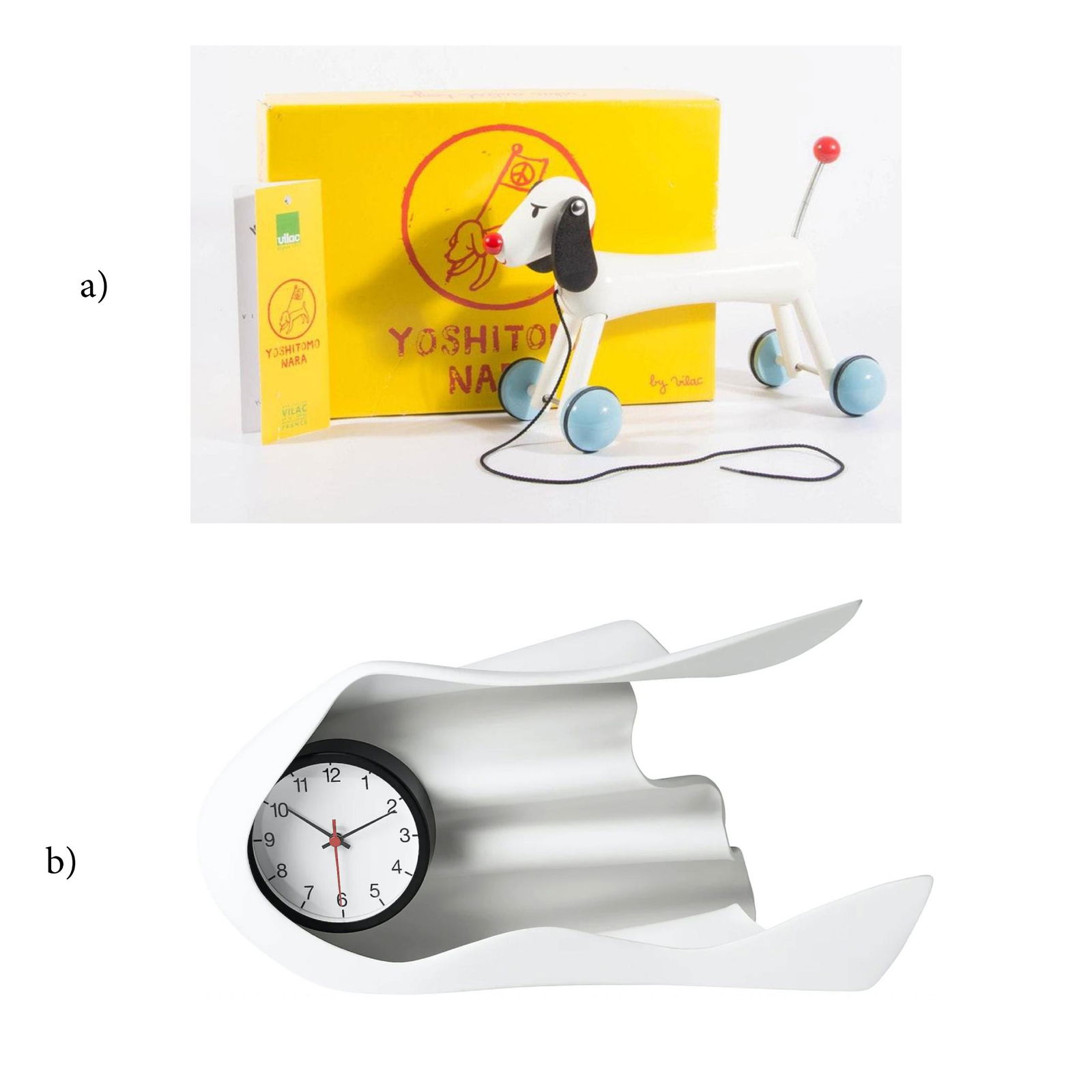 a) Daniel Arsham x Ikea Art Event 2021 b) Yoshitomo: a) Daniel Arsham x Ikea Art Event 2021 b) Yoshitomo Nara x Vilac a) Table Clock (White) b) My Sweet Dog a) earthenware, steel, glass b) solid hand-painted wood with string a) 8.7” x 15.7”
