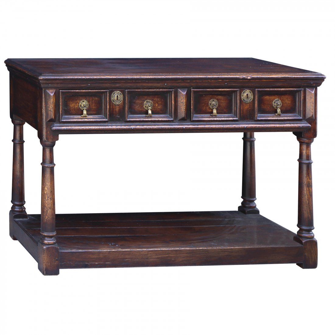 A Jacobean Console Table with Glass Top: A Jacobean Console Table with Glass Top possibly oak and antique 28” x 19” x 46”(71 cm x 48 cm x 117 cm)