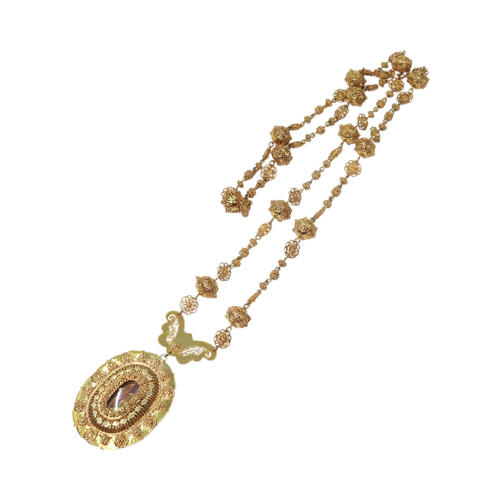 Tambourine with Mariposa Necklace: Tambourine with Mariposa Necklace Silver dipped in gold tambourine pendant necklace atop with Mariposa (“butterfly”), weighing 72.6 grams.