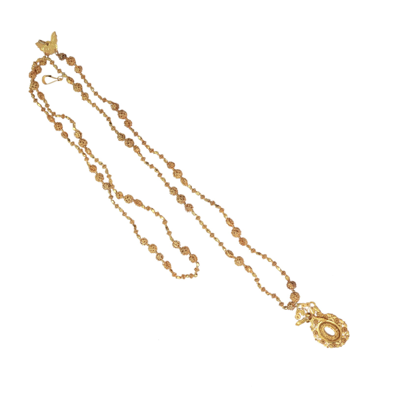 Tambourine with Mariposa Necklace: Tambourine with Mariposa Necklace Tambourine pendant necklace designed with Mariposa (“butterfly”) set in silver dipped in gold, weighing 31.8 grams.
