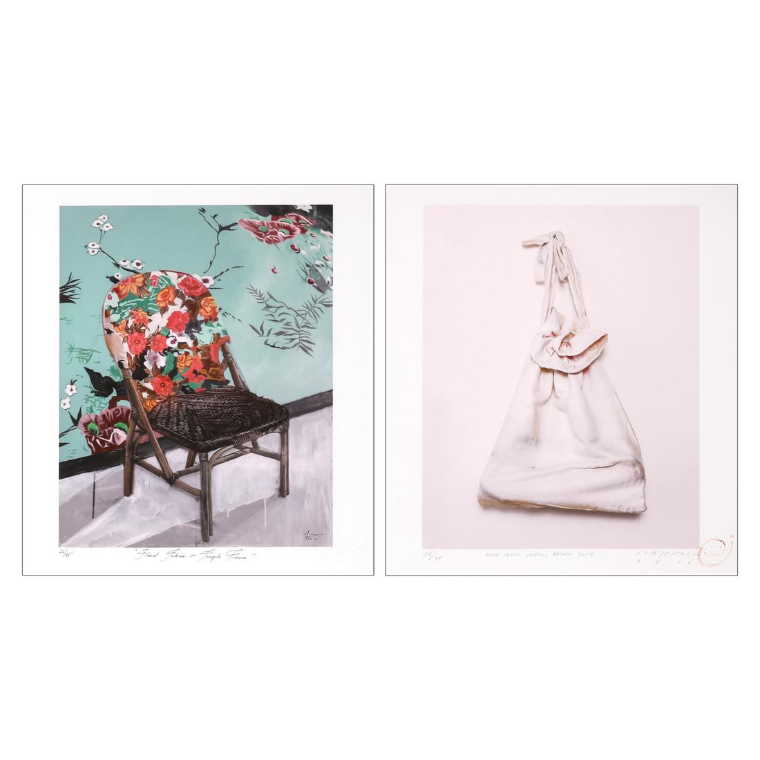 a) Marina Cruz (b. 1982) b) Jose John Santos III (b.: a) Marina Cruz (b. 1982)Floral Fabric on Fragile Frameembossed signed (lower right)print, 26/7512” x 10 1/2” (30 cm x 27 cm) b) Jose John Santos III (b. 1970)Hide and Seek, Detailsigned