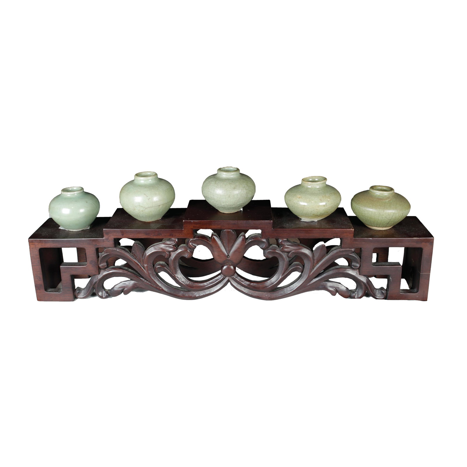 Five Celadon Jarlets on a Rosewood Stand: Five Celadon Jarlets on a Rosewood Standjarlets: 7” x 2 1/2” (18 cm x 6 cm) eachStand: 7” x 20 1/2” x 3 1/2” (18 cm x 52 cm x 9 cm)