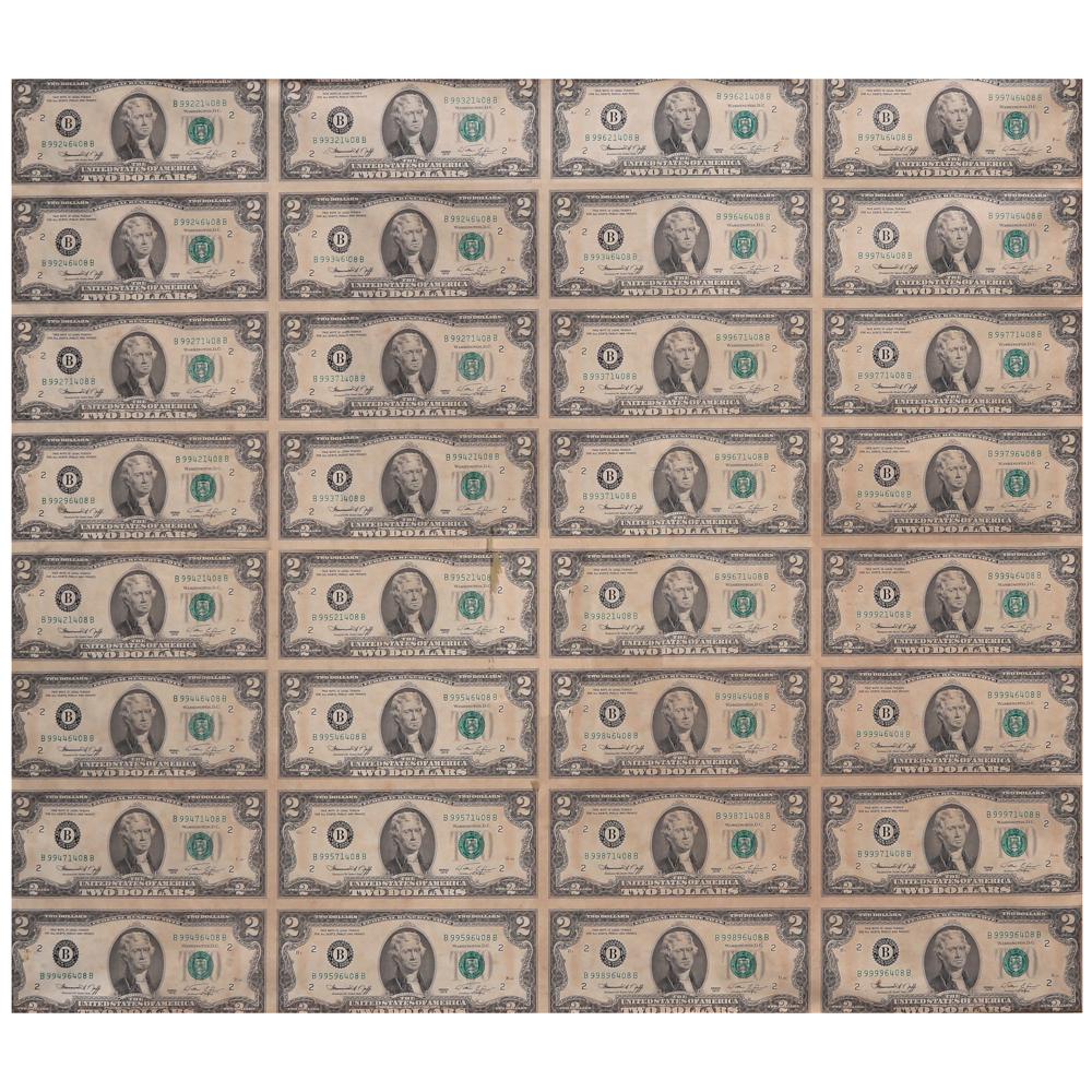 Uncut Two Dollar Bills Specimen: Uncut Two Dollar Bills Specimen1980spaper bills26" x 29" (66 cm x 73 cm)