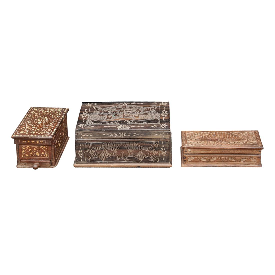 Three Old Wooden Boxes: Three Old Wooden Boxes a) 4” x 9 1/2” x 6 1/2”(10 cm x 24 cm x 17 cm)b) 2” x 8” x 4”(5 cm x 20 cm x 10 cm)c) 3 1/2” x 6 1/2” x 4 1/2”(9 cm x 17 cm
