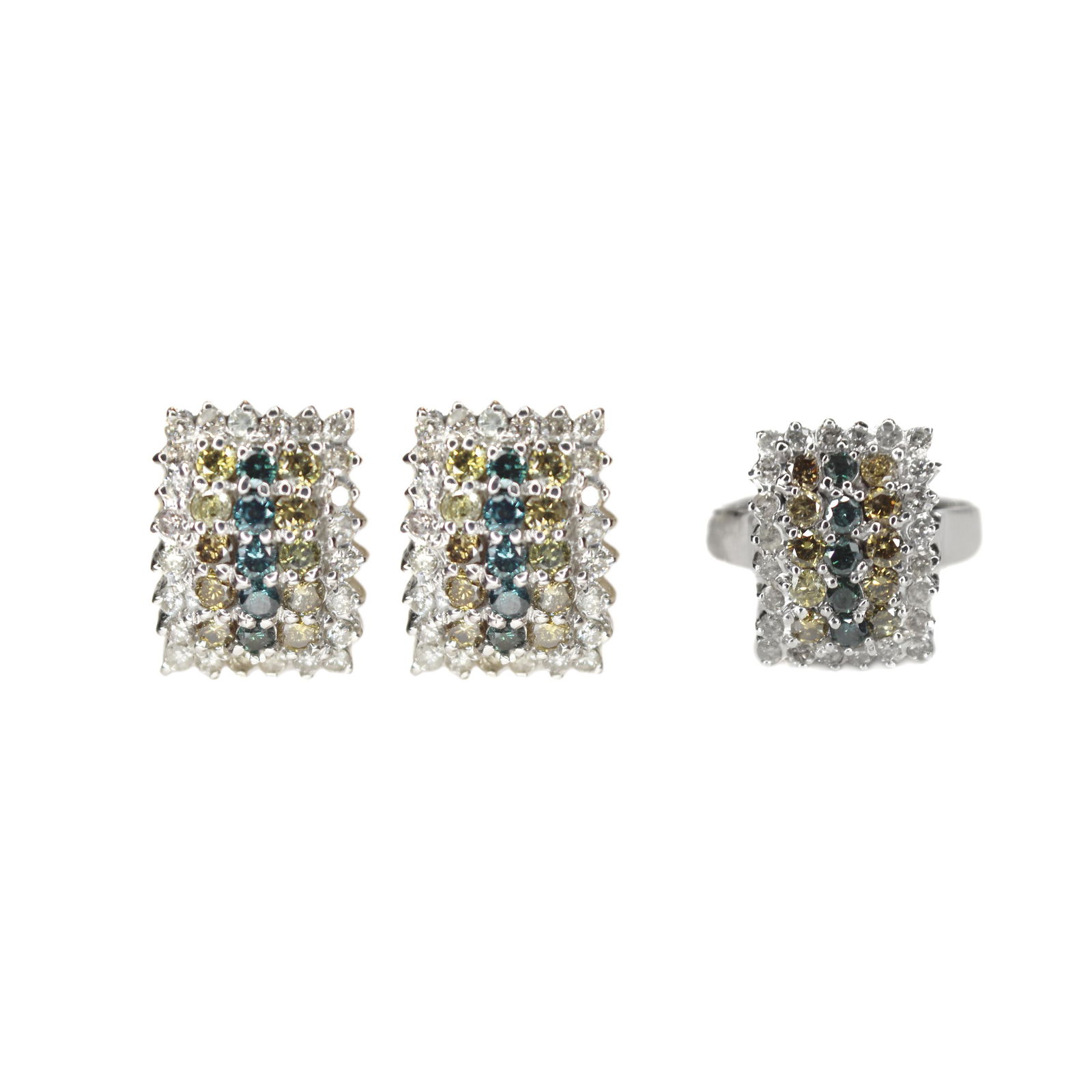 A Set of Diamond & Multi-colored Stones Ring and Pair of Earrings: Of rectangular-shape design, rounddiamonds of approximately 2.16 cts withround yellow stones and bluish-greenstones of approximately 1.50 cts and0.75 cts, respectively sits on 14k whitegold ring and p