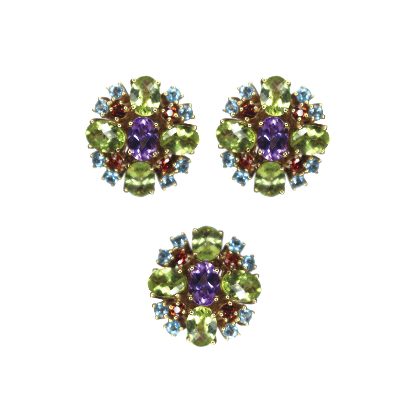 A Set of Multi-colored Gems Ring and Pair of Earrings: Oval peridots of size 7 mm by 5 mm and7 mm by 6 mm, round light blue topazof approximately 1.92 cts, round garnetof 0.84 cts and oval amethysts of size7 mm by 5 mm and 8 mm by 6 mm on14k yellow gold r